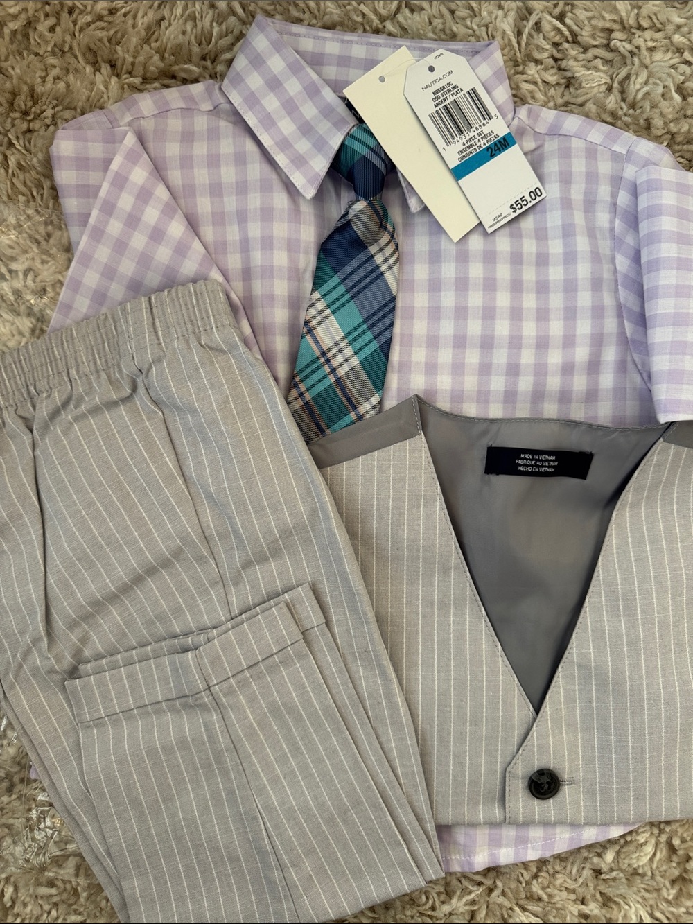 Toddler Light Gray Pinstripe Suit Vest & Pants with Lavender Check Shirt and tie